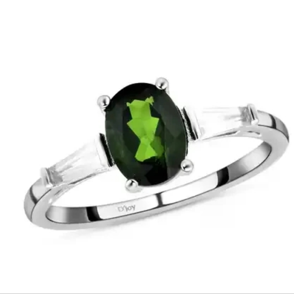 Chrome Diopside Ring With Tapered White Zircon Sitting East To West On Shoulders